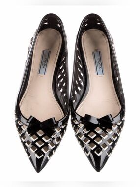 Prada Black Patent with White Accent, Pointed-Toe Cutout Flats, 6.5
